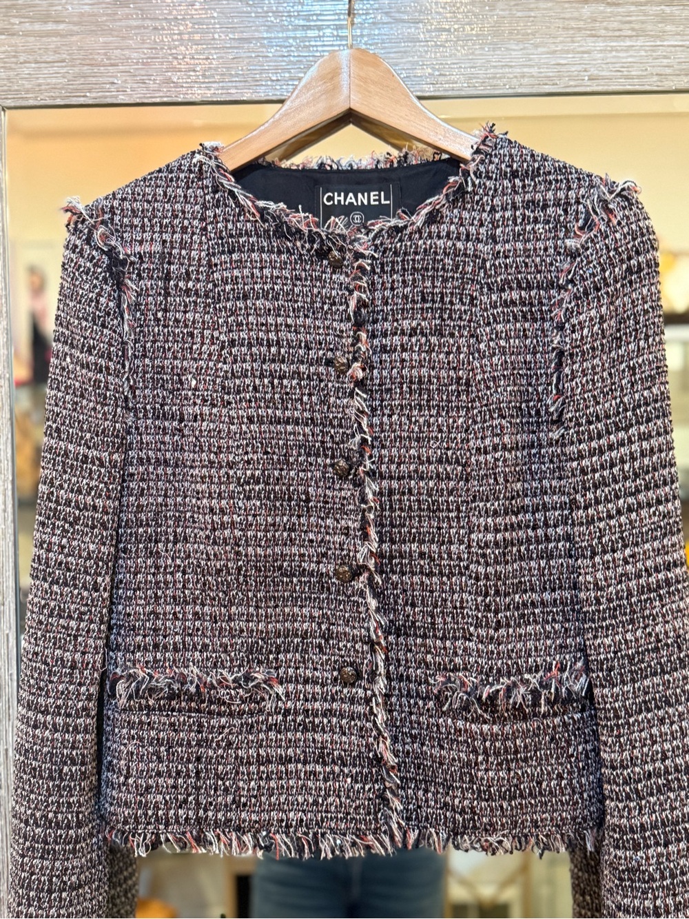 CHANEL Black & Pink Tweed Collarless Jacket